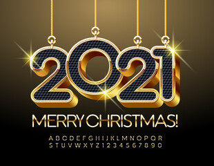 Vector beautiful greeting card Merry Christmas with chic toys 2021! Textured Black and Gold Font. Luxury Alphabet Letters and Numbers