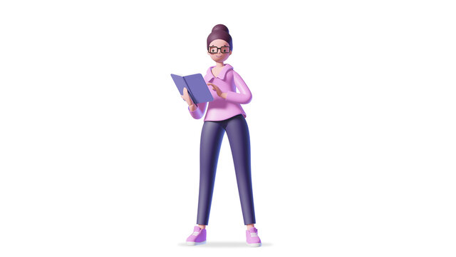 3d Busines Woman In Glasses With A Book On White Background