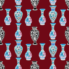 
Chinese, Greek vases with ornaments. Hand-drawn illustration. Print, textiles, folk motives, traditions. Bright drawing. Ceramics, porcelain. Seamless pattern