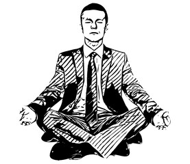 Businessman meditating, black and white sketch