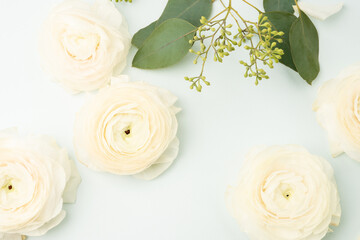 Ranunculus floral flat lay with copy space