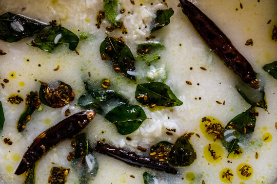 Indian Special Food Water Rice Close View Garnishes With Peppermint Leafs &  Ginger & Oil Fried By Curry Leafs, Red Chills, Cumin, Mustard Seeds, Fenugreek Seed.
