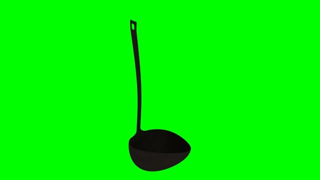 Animated Spinning Plastic Black Molded Bevel Or Rounded Triangle Kitchen Soup Ladle. Isolated And Loop Able On Green Background.