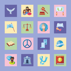 international human rights, humanitarian, peace, justice, and more icons detailed