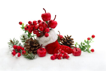 Christmas decoration. Stocking with red berries and apples, twigs christmas tree, cones pine on snow with space for text