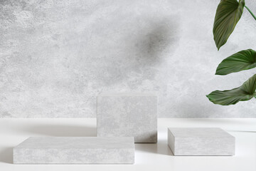 White marble product display podium with nature leaves. 3D render	