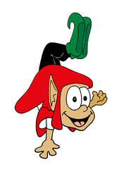 Cute funny elf character standing on one hand with his legs up, acrobatics. Cartoon style vector illustration.