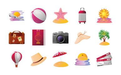 summer vacation travel, beach ball starfish hat bag pack icons detailed style