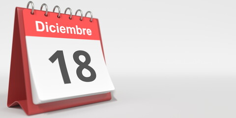 December 18 date written in Spanish on the flip calendar, 3d rendering