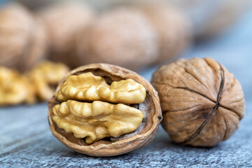 Ripe and raw whole big walnut kernel with thin shell on wooden rustic backdrop. Healthy nut food for brain. Fresh walnuts background concept