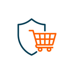 Shopping cart with shield. Secure purchase icon concept isolated on white background. Vector illustration