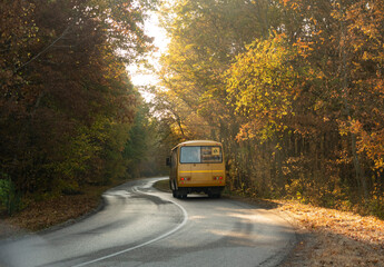 Fototapeta na wymiar Aerial view of road with school bus in beautiful autumn forest at sunset.
