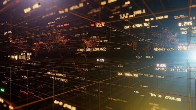 3D animation of graphs and counters on the background of the gold earth map with defocus. Golden Corporate background. 3D 4K loop animation