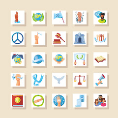 international human rights, contains such icons as hammer, justice, peace, world and more detailed