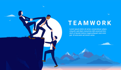 Teamwork diversity - Diverse team of people, men and woman climbing up cliff and helping each other to the top.  Working together as a team, and collaborating concept. Vector illustration.