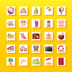 summer vacation travel, set related tourism relaxing, icons with shadow block detailed style