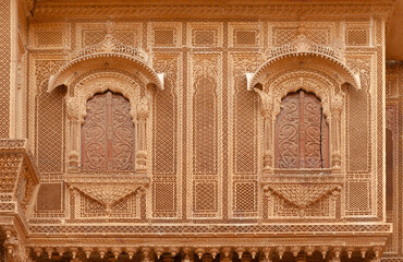 Exterior of Patwon Ki Haveli in Jaisalmer, Rajasthan, India. A haveli is a traditional townhouse or mansion in the Indian subcontinent.