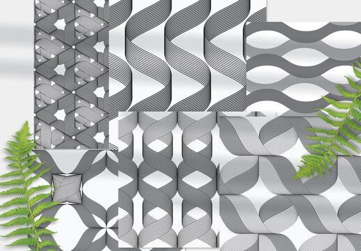 Seamless Pattern Collection with Gray Wavy Striped Ribbons