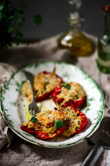 Bell peppers stuffed with polenta. selective focus