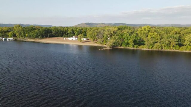 House on the beach by the Mississippi river. Aerial view of the Pettibone beach in La Crosse, Wisconsin