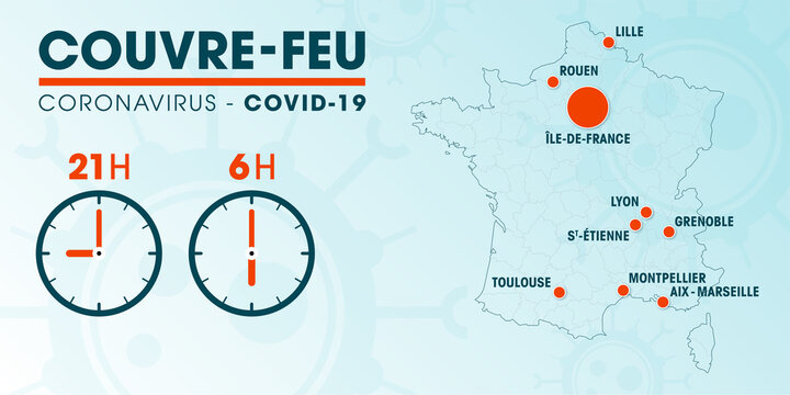 Carte de France du couvre-feu dans les grandes métropoles  - pandémie du coronavirus covid19 - déplacement interdit de 21h à 6h - illustration vectorielle