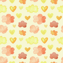 Watercolor pattern with autumn clouds and hearts in the color of the leaves. Seamless background fall elements