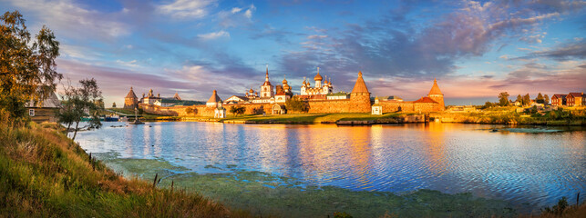 Fototapeta na wymiar Solovetsky Monastery with towers and temples on the Solovetsky Islands