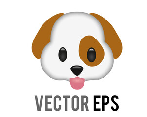 Vector white and brown cartoon styled face of dog emoji icon with tongue hanging out - 385590324