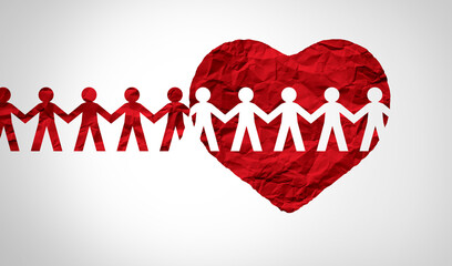 Together united support concept and unity partnership as a heart with a group of people connected together shaped as a support symbol expressing the feeling of teamwork and togetherness