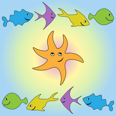 Baby cute funny seamless pattern with fish. Starfish smiling in the center