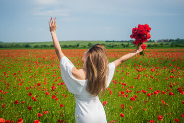 Sincere emotions. summer or spring nature. seasonal beauty landscape. young girl in white dress walk in meadow. vacation. sense of freedom. beautiful woman gather red poppy flower bouquet in field - obrazy, fototapety, plakaty