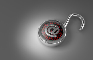 Unlocked email data,breached,hacked,vulnerable and unprotected as 3d rendering.
