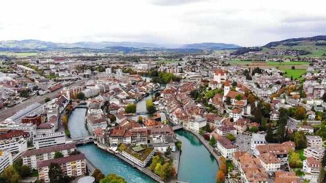 City of Thun in Switzerland from above - amazing drone footage