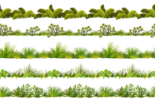 Set Of Seamless Constructor Green Grass Border. Vector Fence Of Herb And Tree For Computer Games Isolated On White Background.