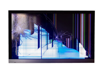 Broken glass plasma TV LCD screen on white isolated background