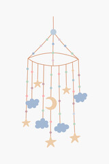 Scandinavian hanging baby toy, mobile for crib new born. Hand drawn vector element for nursery decoration, baby shower, birthday, children's party, poster, invitation, postcard, kids clothes