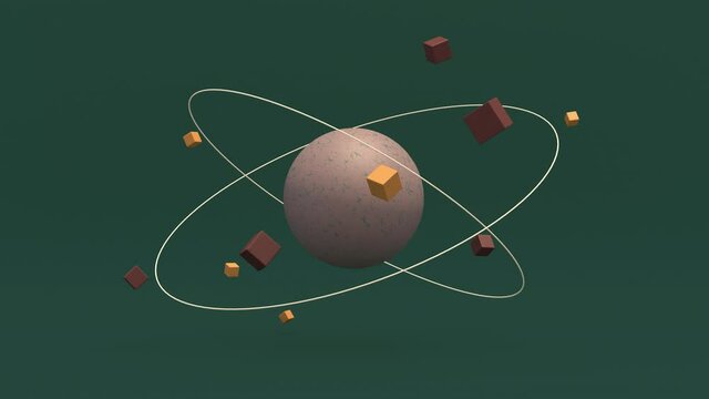 Big textured sphere and orbiting cubes. Green background. Abstract animation, 3d render.