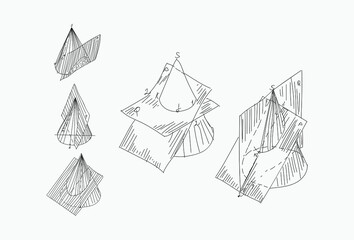 Cone construction of axonometry of a flat figure, hand-drawn vector in section from a lesson in cherry and geometry for schoolchildren and students