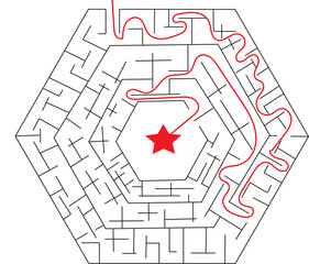 A digitally designed labyrinth showing the path to the middle with a red line.