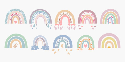 Fototapeta Scandinavian boho rainbows set with clouds, stars, drops, crescent in pastel colors. Hand drawn vector element for nursery decoration, baby shower, party, poster, invitation, postcard, clothes obraz