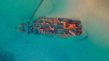 Drone pics over a shipwreck next to a tropical beach in Epanomi, Macedonia, Greece