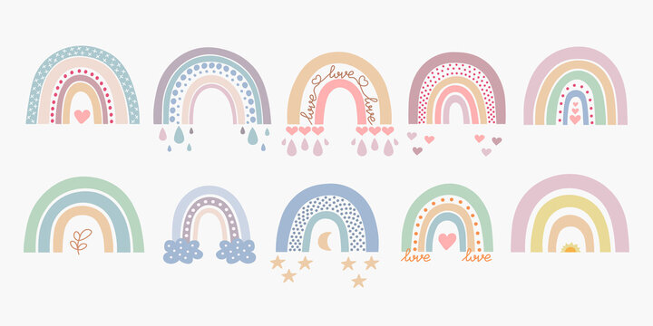Scandinavian boho rainbows set with clouds, stars, drops, crescent in pastel colors. Hand drawn vector element for nursery decoration, baby shower, party, poster, invitation, postcard, clothes
