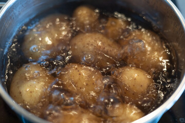 cooking potatoes in boiling water in a stainless steel pot on the stove