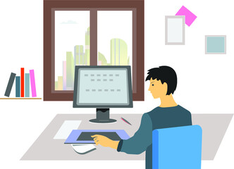 Young man working on the computer programmer, business analysis or as a designer at home remotely or in the office. Flat vector illustration in cartoon style.