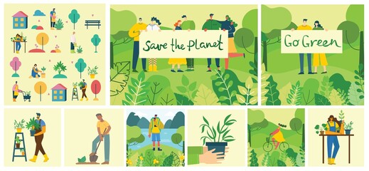 Vector set of village people with organic food, flowers and plants