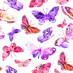 Fototapeta na wymiar Pink and purple abstract watercolor butterflies,
