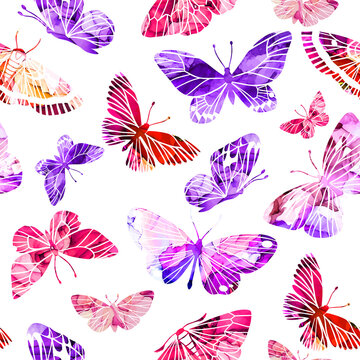 Pink and purple abstract watercolor butterflies,