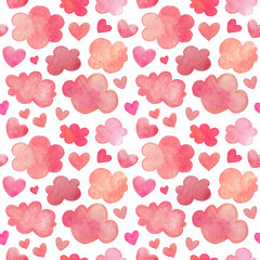 Watercolor pattern with red hearts and clouds on a white background for packaging for the holidays