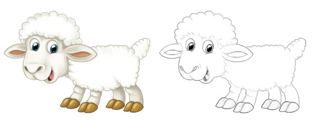 Cartoon sketch scene sheep is standing looking and smiling - illustration