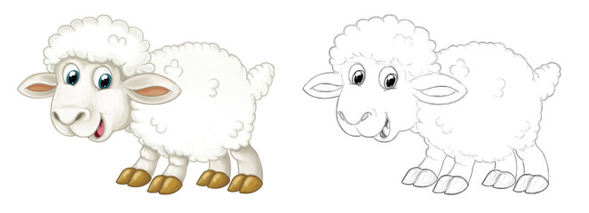 Cartoon sketch scene sheep is standing looking and smiling - illustration